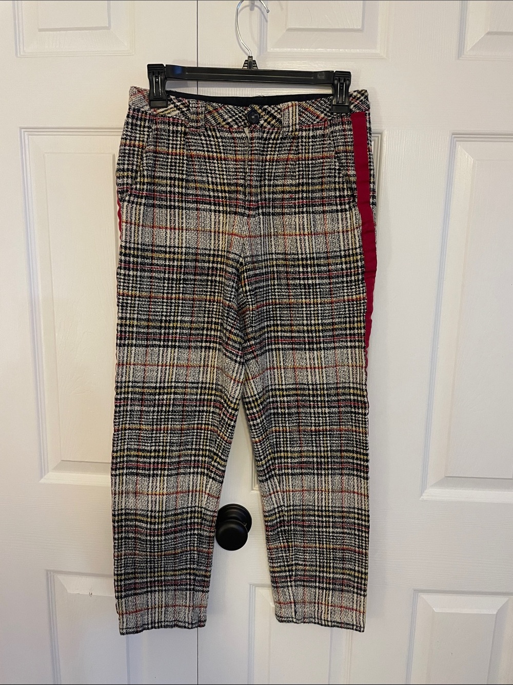 Free People Plaid Straight-Leg Pants with Burgundy Side Stripe